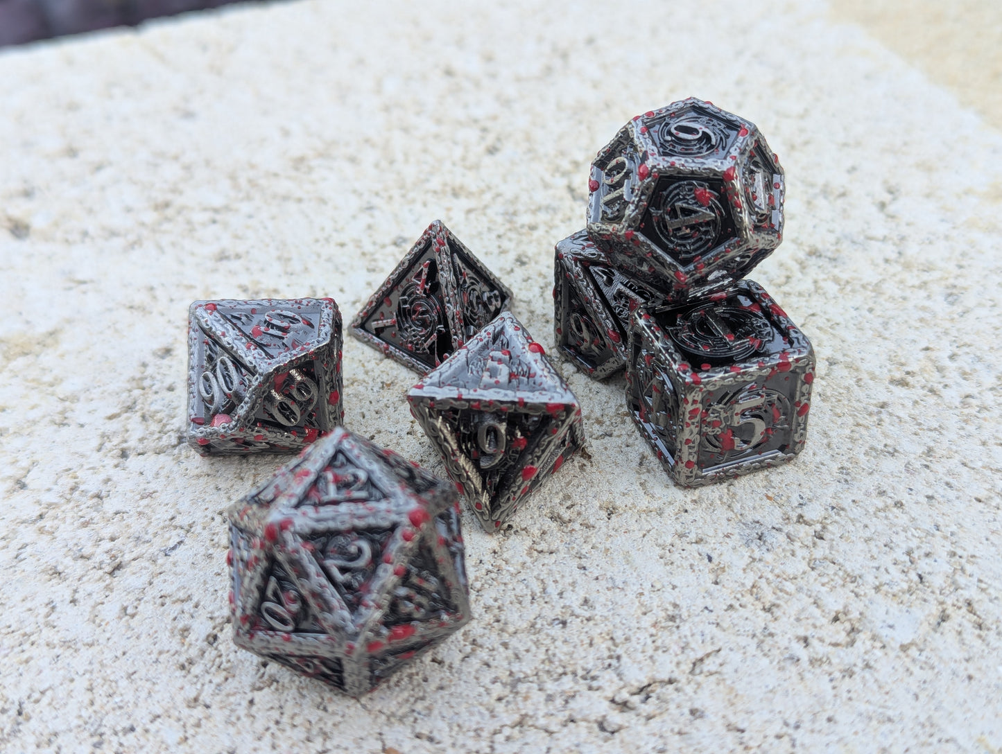 Dice Set - Premium Metal Dice - 7 Dice RPG Set - Blood Splatter