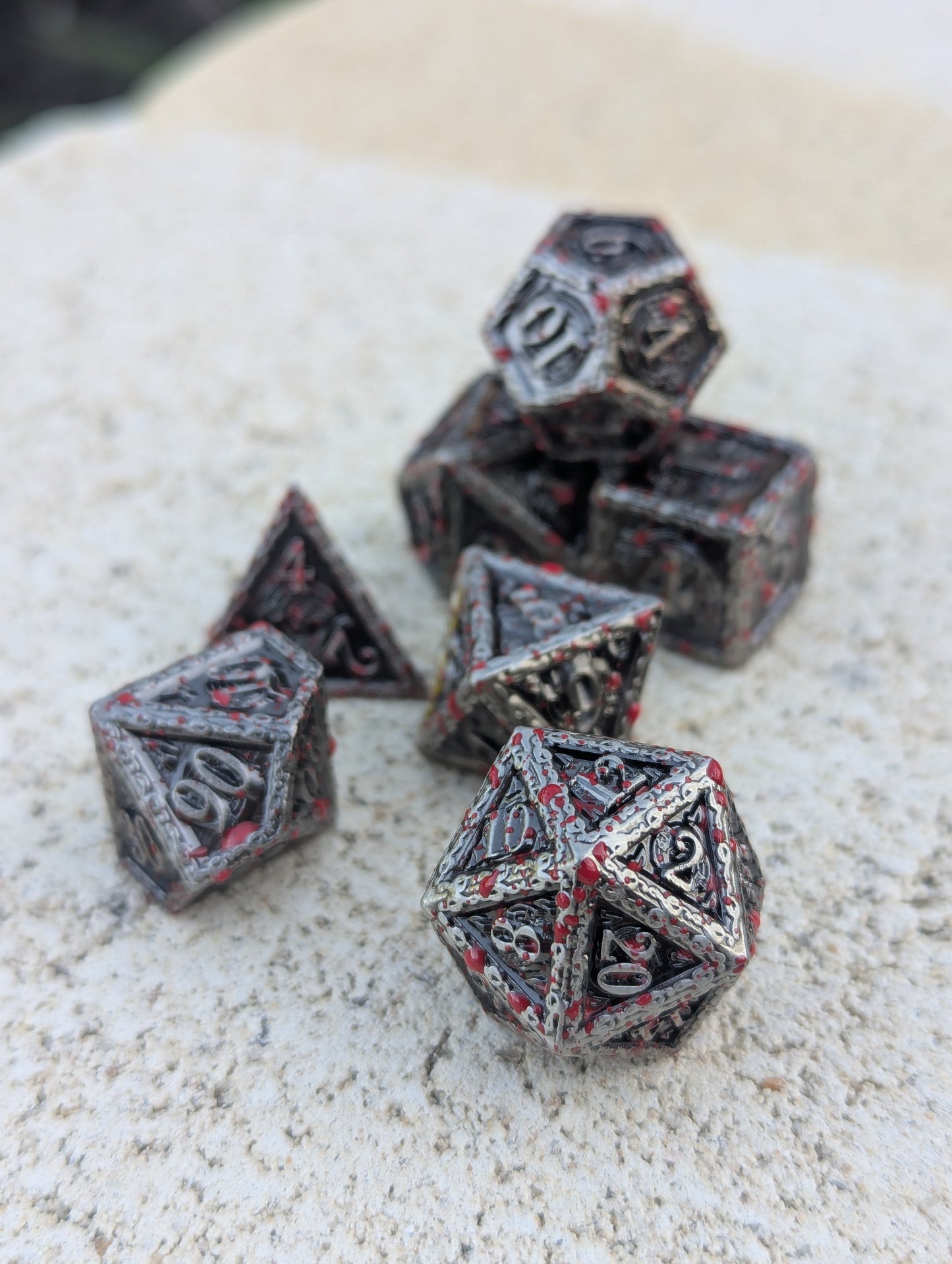 Dice Set - Premium Metal Dice - 7 Dice RPG Set - Blood Splatter