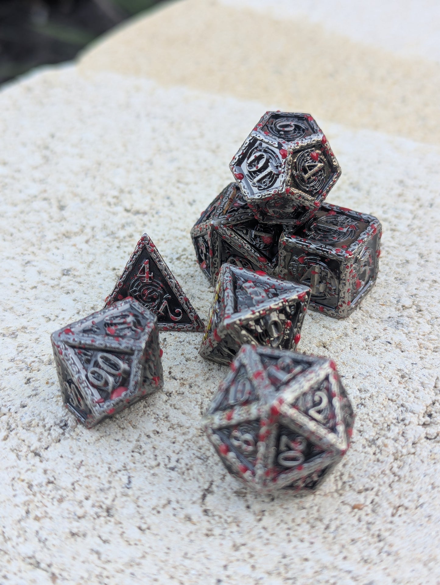 Dice Set - Premium Metal Dice - 7 Dice RPG Set - Blood Splatter