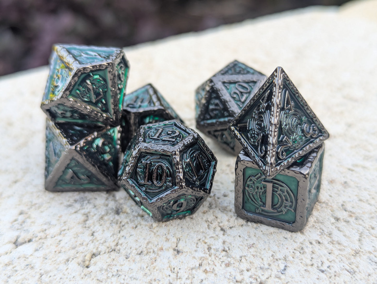 Dice Set - Premium Metal Dice - 7 Dice RPG Set - Green Emerald