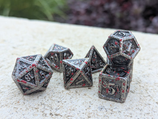 Dice Set - Premium Metal Dice - 7 Dice RPG Set - Blood Splatter
