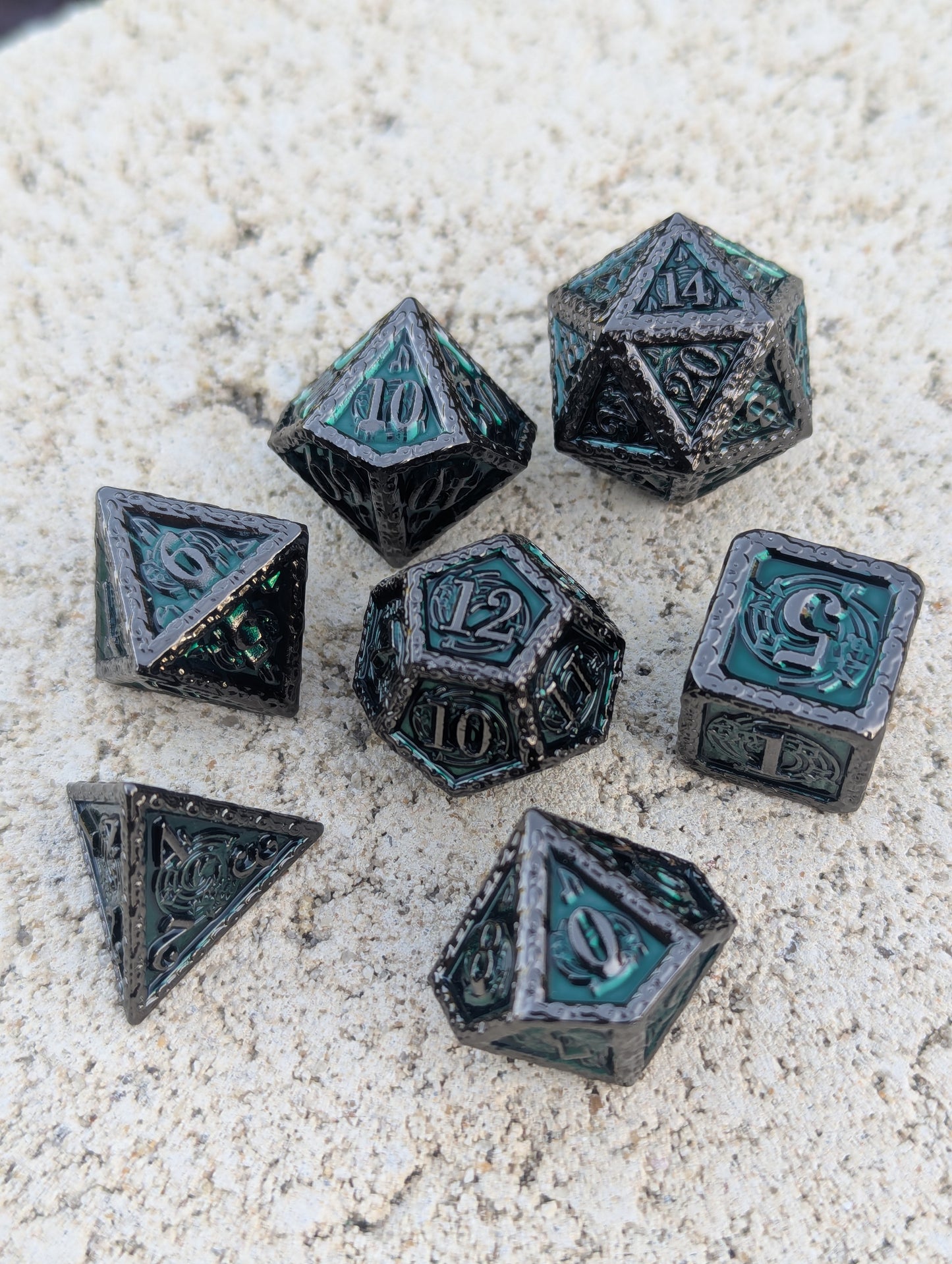 Dice Set - Premium Metal Dice - 7 Dice RPG Set - Green Emerald